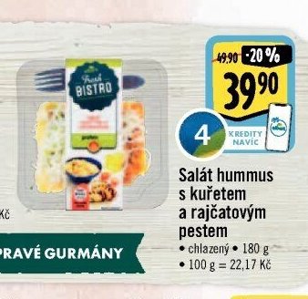 Salát hummus s kuřetem a rajčatovým pestem