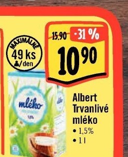 Mléko trvanlivé Albert - 1,5% polotučné