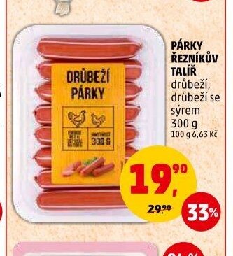 PÁRKY ŘEZNÍKŮV TALÍŘ drůbeží, drůbeží se sýrem, 300 g