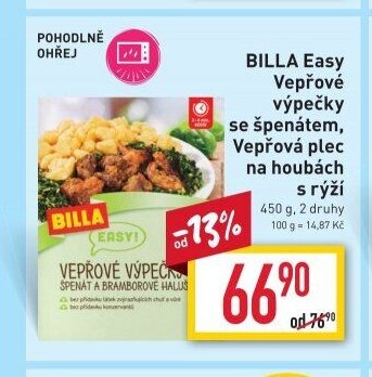 BILLA Easy Vepřové výpečky se špenátem, Vepřová plec na houbách s rýží