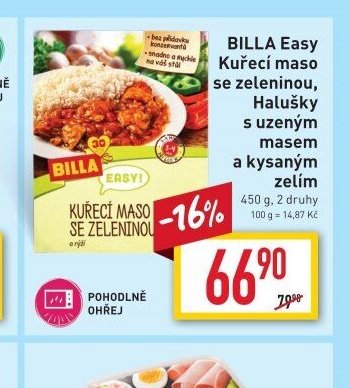 BILLA Easy Kuřecí maso se zeleninou, Halušky s uzeným masem a kysaným zelím