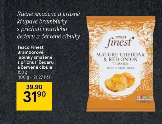 Tesco Finest Bramborové lupínky smažené s příchutí čedaru a červené cibule