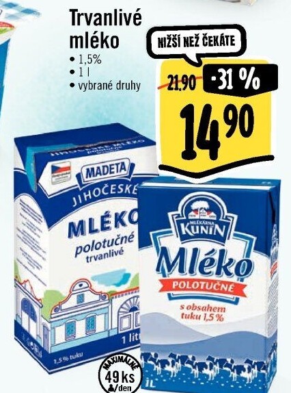 Mléko trvanlivé Jihočeské Madeta - 1,5% polotučné