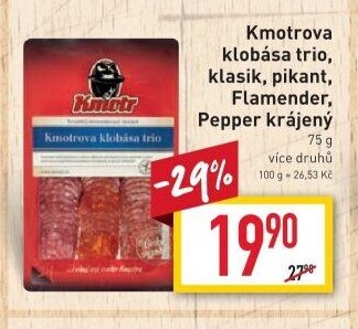 Kmotrova klobása trio, klasik, pikant, Flamender, Pepper krájený