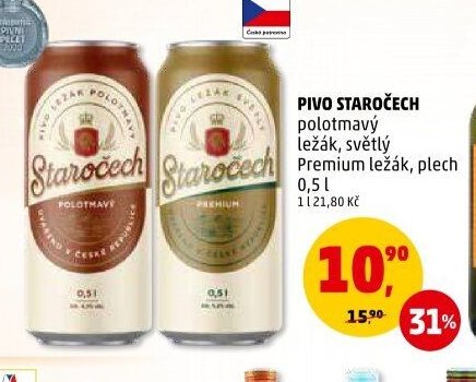 PIVO STAROČECH polotmavý ležák, světlý Premium ležák, plech