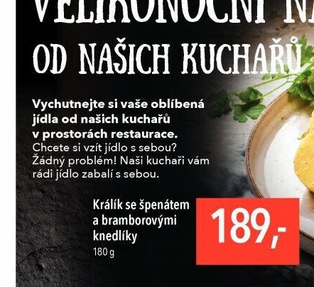 Králík se špenátem a bramborovými knedlíky