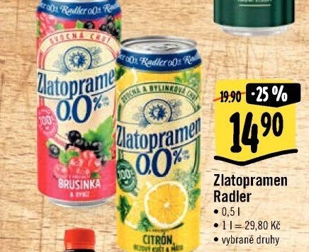 Nealkoholické pivo ochucené Radler Zlatopramen