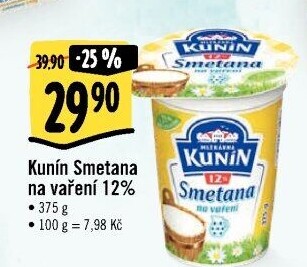 Smetana na vaření Kunín 12%
