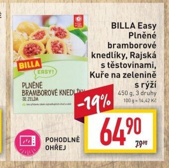 BILLA Easy Plněné bramborové knedlíky, Rajská s těstovinami, Kuře na zelenině s rýží