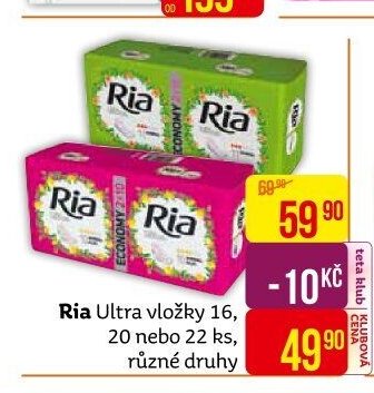 Ria Ultra vložky 16, 20 nebo 22 ks, různé druhy