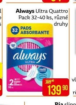 Always Ultra Quattro Pack 32-40 ks, různé druhy