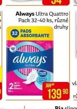Always Ultra Quattro Pack 32-40 ks, různé druhy