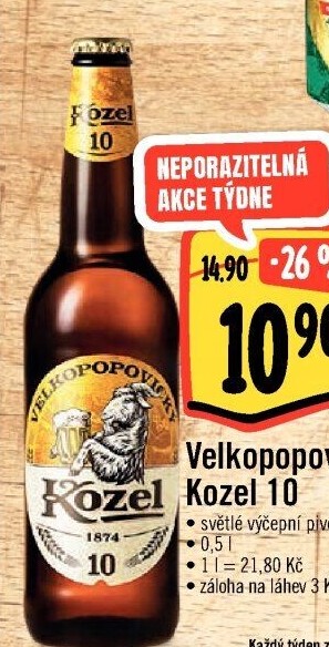 Pivo světlé výčepní 10°Velkopopovický Kozel
