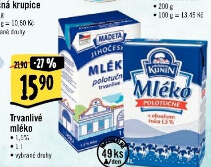 Mléko trvanlivé Jihočeské Madeta - 1,5% polotučné