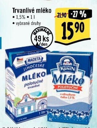 Mléko trvanlivé Jihočeské Madeta - 1,5% polotučné