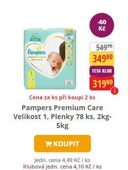 Pampers Premium Care Velikost 1, Plenky 78 ks, 2kg-5kg