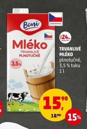 Trvanlivé mléko plnotučné 3,5 % tuku 1 l