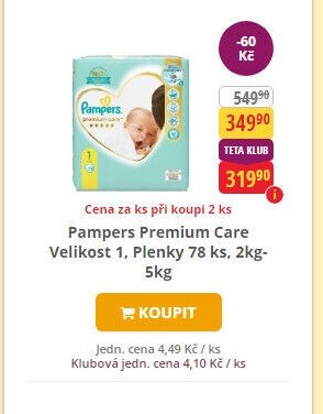 Pampers Premium Care Velikost 1, Plenky 78 ks, 2kg-5kg