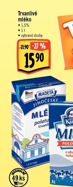 Mléko trvanlivé Jihočeské Madeta - 1,5% polotučné
