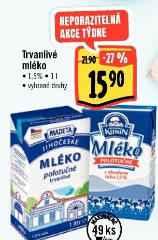 Mléko trvanlivé Jihočeské Madeta - 1,5% polotučné