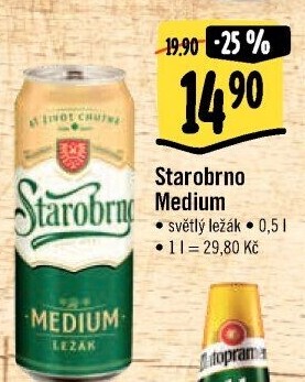 Pivo světlý ležák nepasterizovaný 11° Medium Starobrno