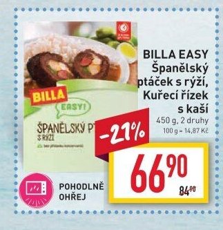 BILLA EASY Španělský ptáček s rýží, Kuřecí řízek s kaší