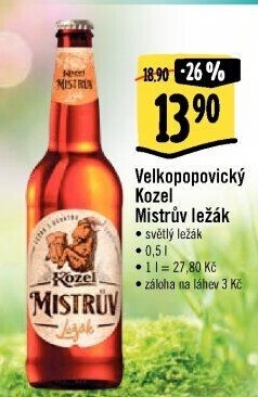 Pivo Mistrův světlý ležák Velkopopovický Kozel