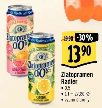 Nealkoholické pivo ochucené Radler Zlatopramen