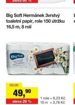 Big Soft Heřmánek 3vrstvý toaletní papír, role 150 útržku 16,5 m, 8 rolí