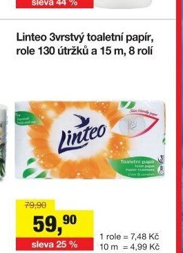 Linteo 3vrstvý toaletní papír, role 130 útržků a 15 m, 8 rolí