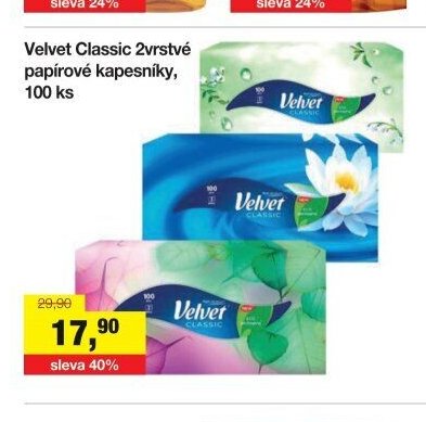 Velvet Classic 2vrstvé papírové kapesníky, 100 ks