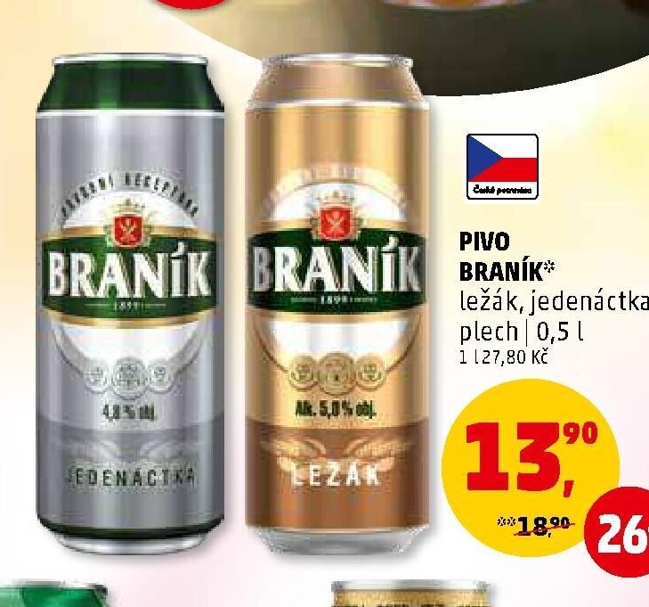 PIVO BRANÍK* ležák, jedenáctka plech 0,5 l