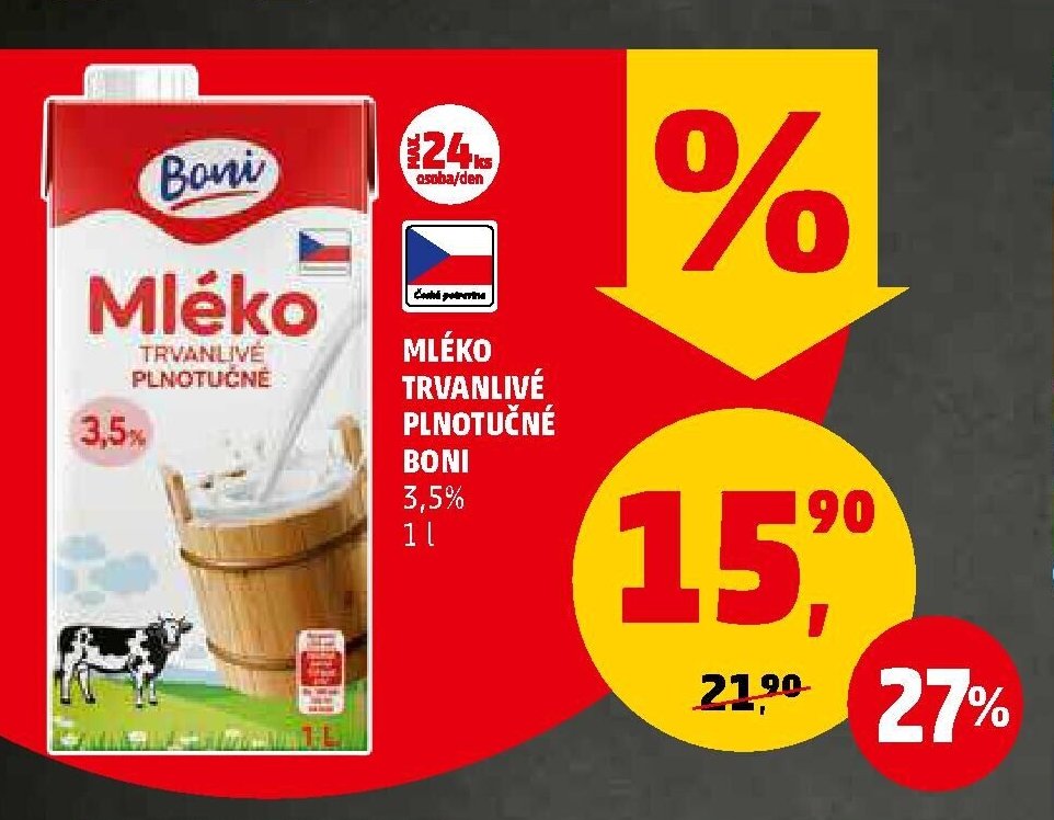 Mléko trvanlivé plnotučné Boni 3,5% 1 l