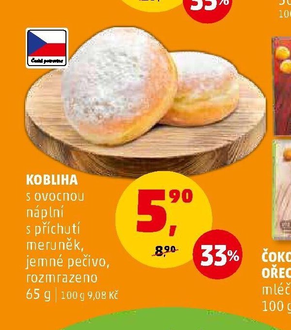 Kobliha s ovocnou náplní s příchutí meruněk, jemné pečivo, rozmrazeno 65 g