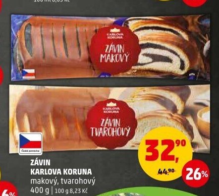 Závin Karlova Koruna makový, tvarohový 400 g