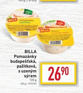 BILLA Pomazánky budapešťská, pažitková, s uzeným sýrem