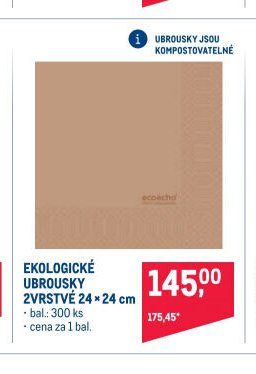 Ekologické ubrousky 2vrstvé 24 x 24 cm