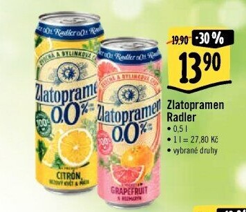 Nealkoholické pivo ochucené Radler Zlatopramen