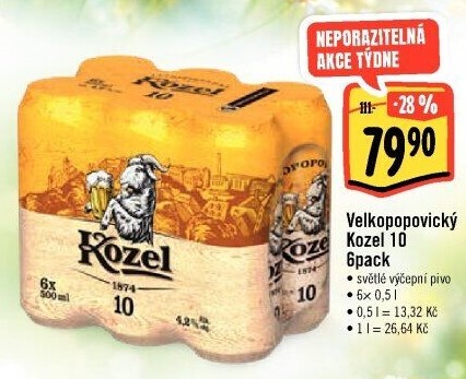 Pivo světlé výčepní 10°Velkopopovický Kozel