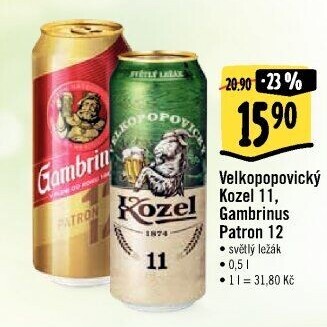 Pivo světlý ležák 11° Medium Velkopopovický Kozel