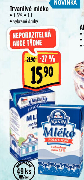 Mléko trvanlivé Jihočeské Madeta - 1,5% polotučné