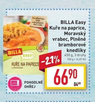 BILLA Easy Kuře na paprice, Moravský vrabec, Plněné bramborové knedlíky