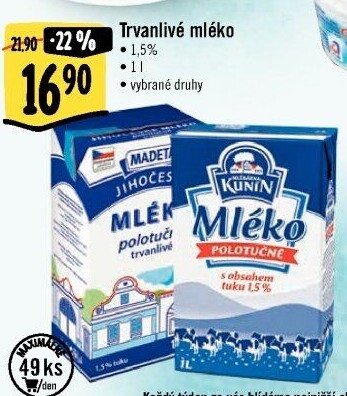 Mléko trvanlivé Jihočeské Madeta - 1,5% polotučné