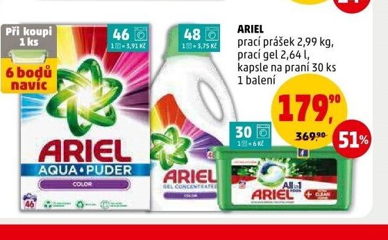 ARIEL prací prášek 2,99 kg, prací gel 2,64 l, kapsle na praní 30 ks
