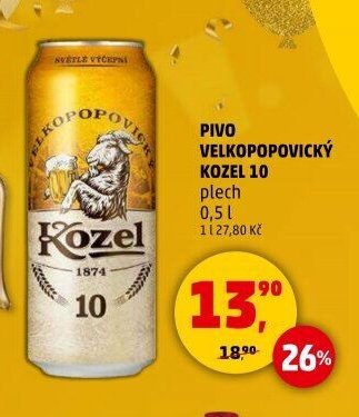 Pivo Velkopopovický Kozel 10 plech 0,5 l