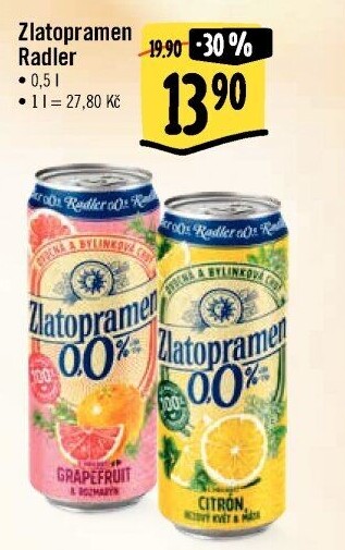 Nealkoholické pivo ochucené Radler Zlatopramen