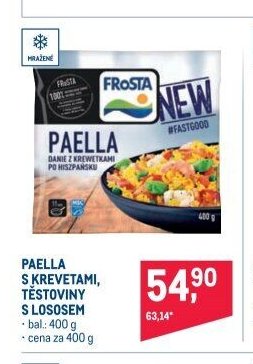 Paella s krevetami, těstoviny s lososem