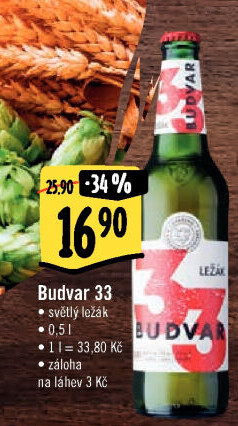 Pivo světlý ležák 33 Budweiser Budvar