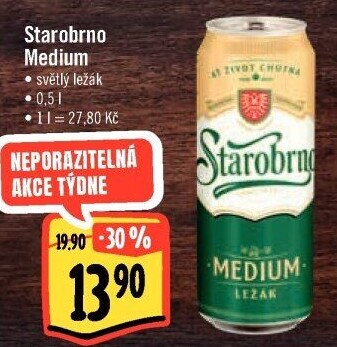 Pivo světlý ležák nepasterizovaný 11° Medium Starobrno