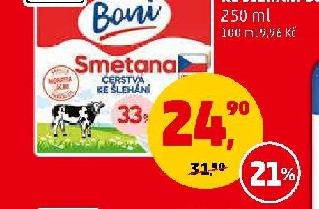 Smetana ke šlehání 33% Boni 250 ml
